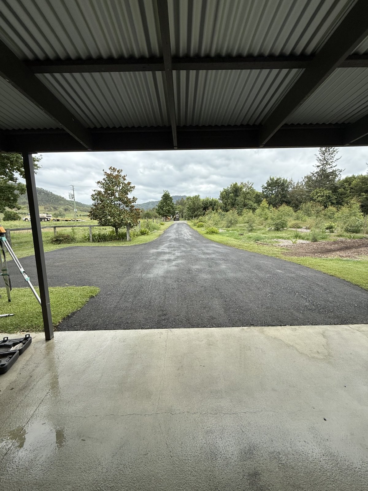 Freshly sealed bitumen driveway at Scenic Rim property